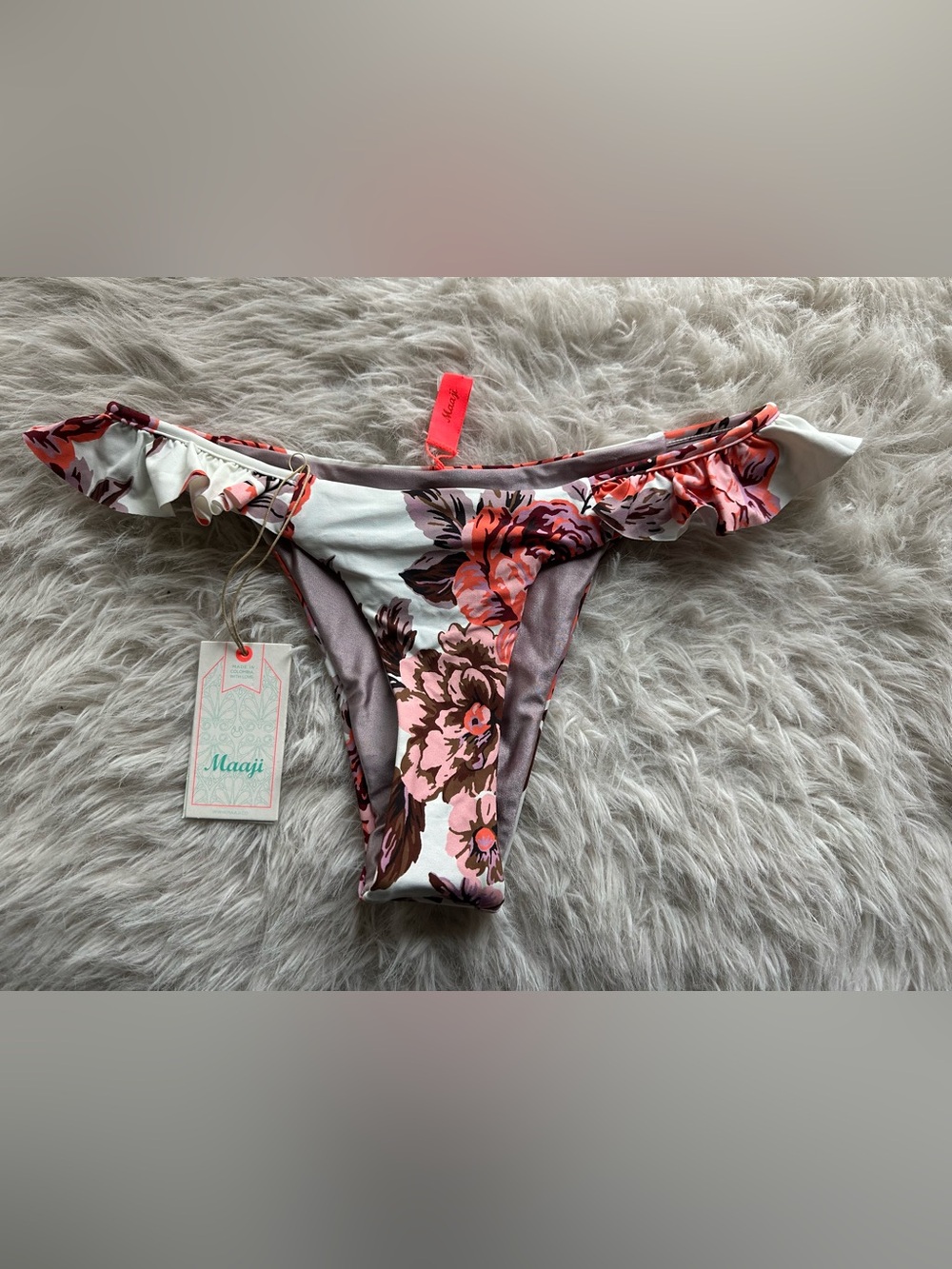 Maaji Floral Bikini Cheeky Bottom in Pink, Brown Pink White Large with ruffle